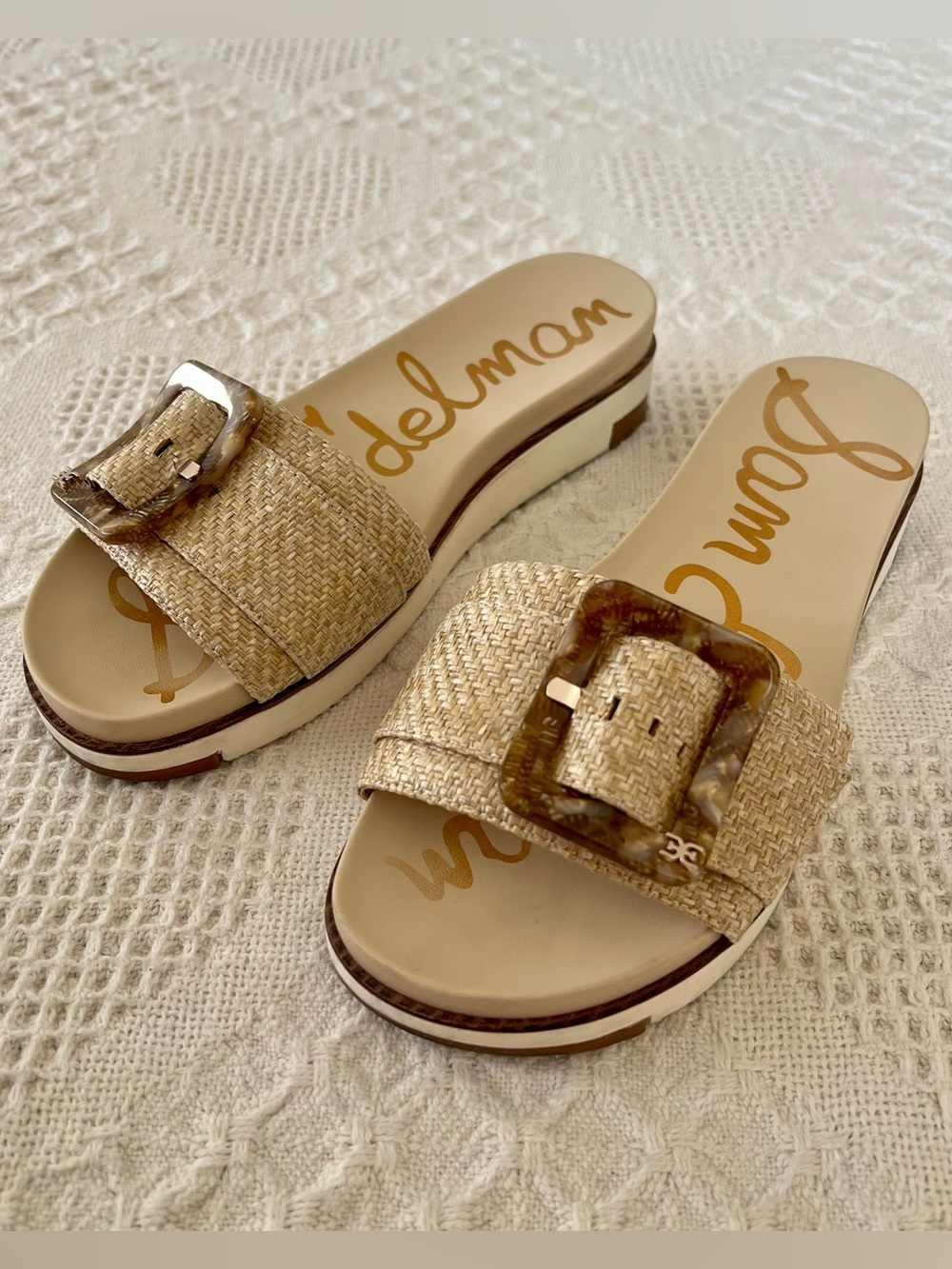 Sam Edelman Ariane Wedge Sandals Raffia Oversized Tortoise Shell Buckle Size 8 - Picture 5 of 15